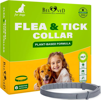 Beloved Pets Flea & Tick Collar box with plant-based formula and adjustable collar shown.
