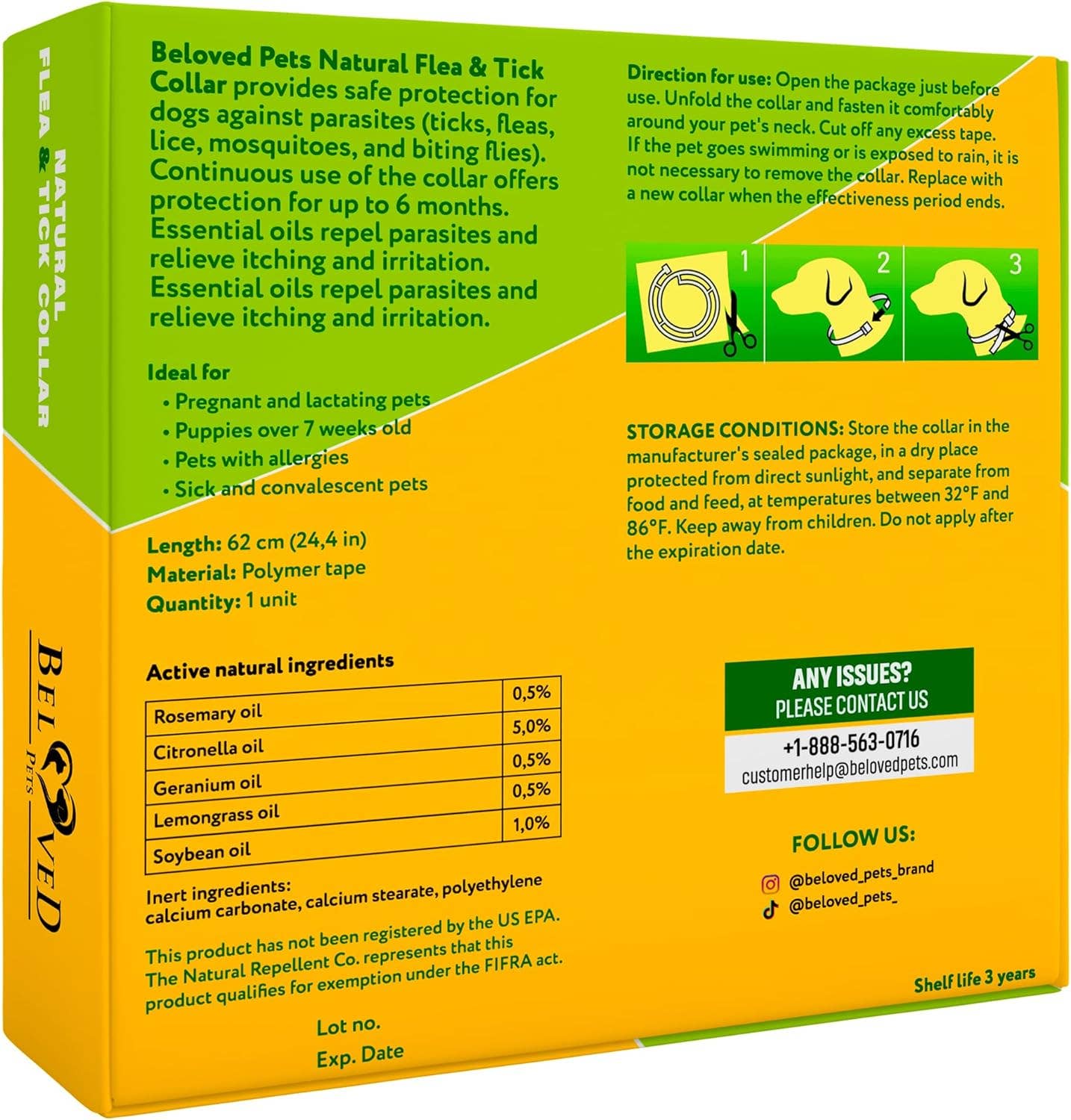 Product information and directions for the Beloved Pets Flea & Tick Collar with plant-based formula.