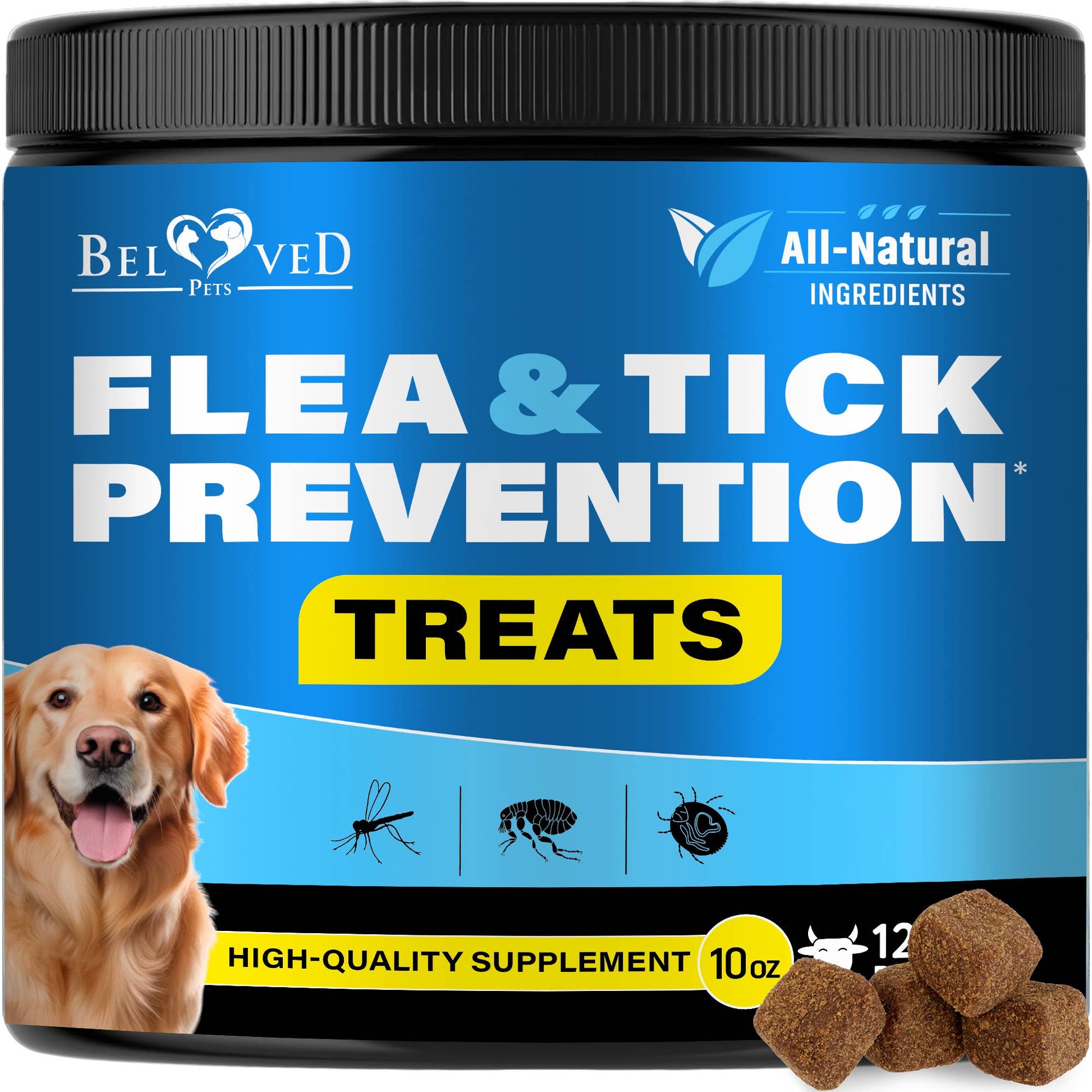 Flea and tick prevention treats for dogs with a blue label and visible treats.