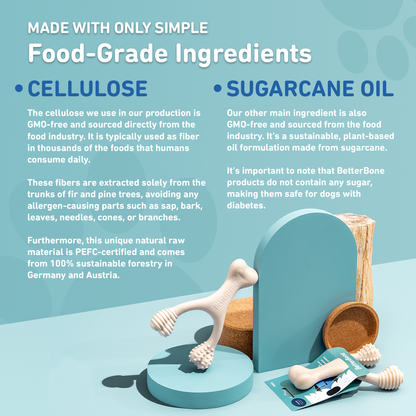 BetterBone HARD chew safety infographic highlighting food-grade ingredients and sustainability and health profile.