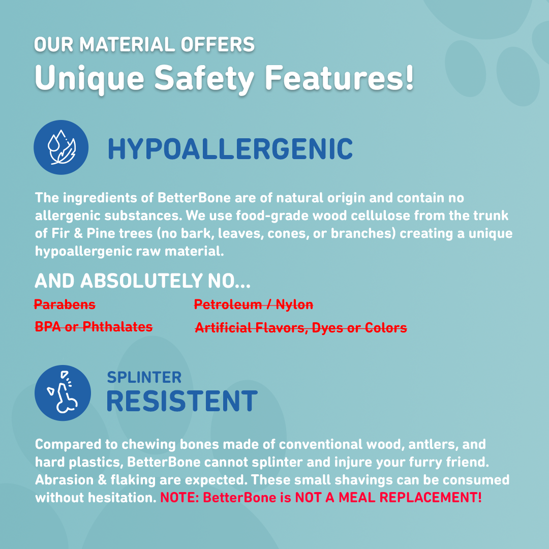 BetterBone HARD chew safety infographic highlighting hypoallergenic food-grade ingredients, non-toxic materials, and splinter-resistant design.