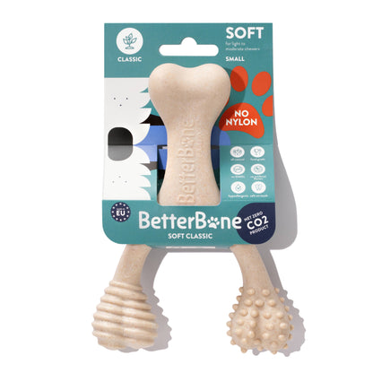 BetterBone SOFT chew dog toy in size small made from food-grade, non-toxic materials for puppies, senior dogs, and light chewers.