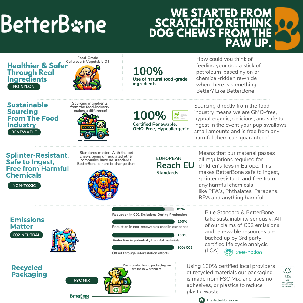 BetterBone SOFT chew infographic showing FSC-certified recycled paper and eco-friendly, plastic-free materials and sustainable sourcing.