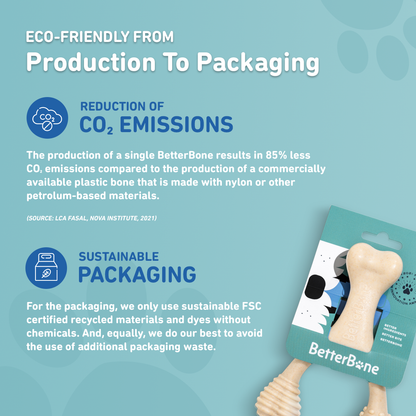 BetterBone SOFT chew for dogs reduces CO2 emissions compared to other commercially available plastic bones and features sustainable packaging.
