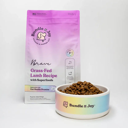 Bundle x Joy Brave Grass-Fed Lamb Recipe dog food bag with bowl of kibble on a white background.