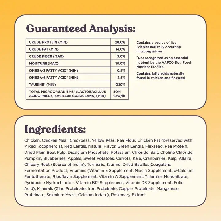 Guaranteed analysis and ingredient list for Bundle x Joy Golden Cage-Free Chicken Recipe with Superfoods
