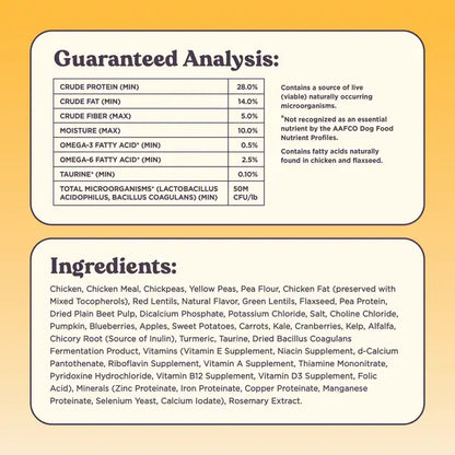 Guaranteed analysis and ingredient list for Bundle x Joy Golden Cage-Free Chicken Recipe with Superfoods
