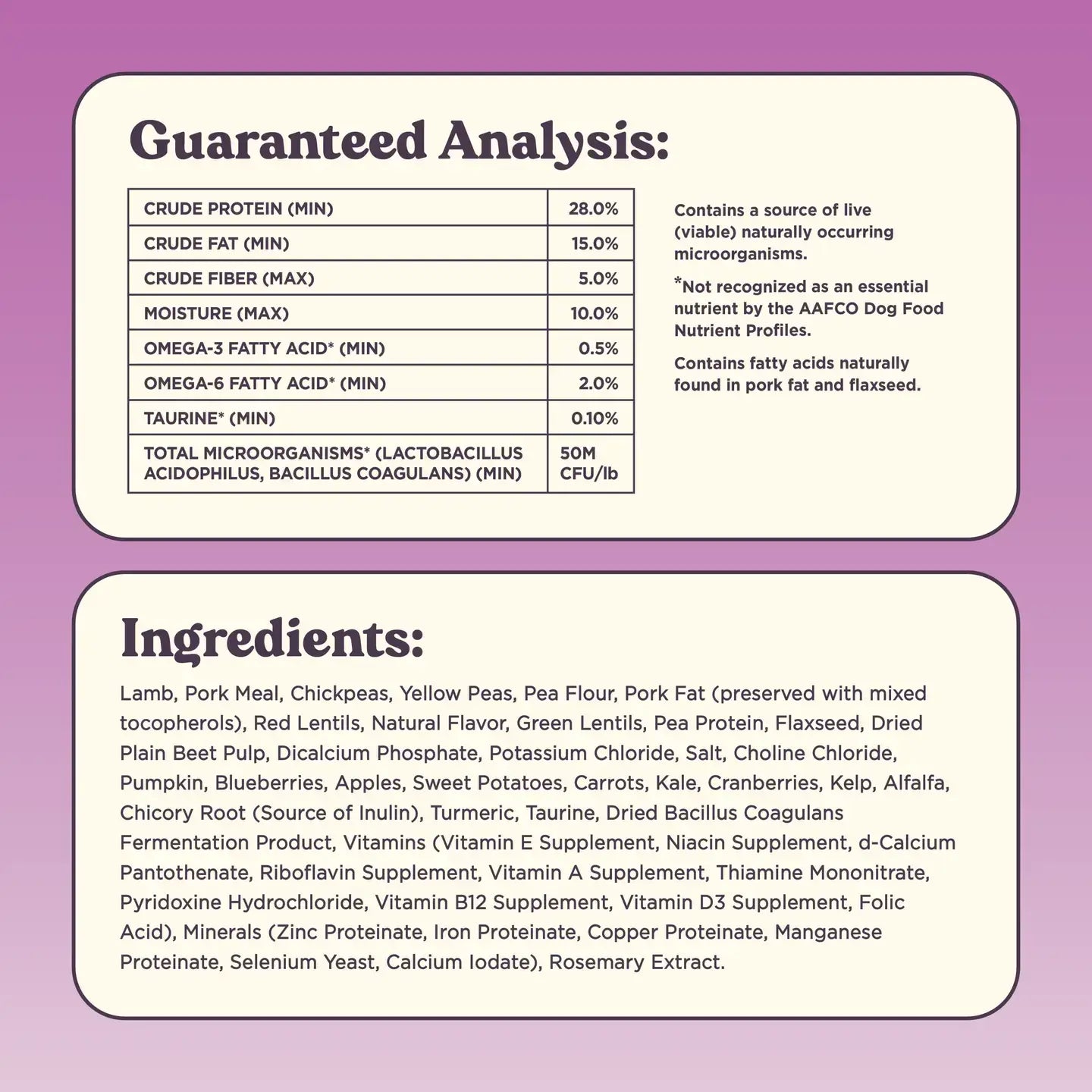 Guaranteed analysis and full ingredient list for Bundle x Joy Brave Grass-Fed Lamb Recipe with Superfoods