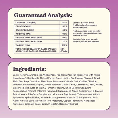 Guaranteed analysis and full ingredient list for Bundle x Joy Brave Grass-Fed Lamb Recipe with Superfoods