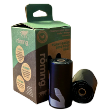 rōmng compostable biodegradable dog poop bags with plant-based packaging and rolls shown.