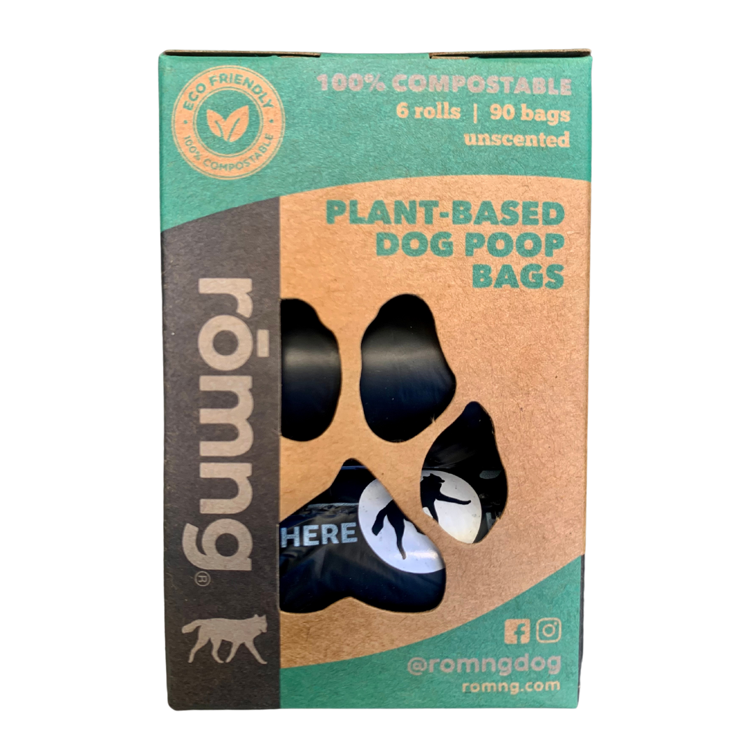 Front view of rōmng compostable dog poop bags box with eco-friendly product details.