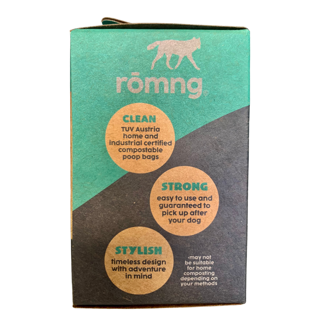 Information sheet for rōmng compostable dog poop bags showing eco-friendly features and materials.