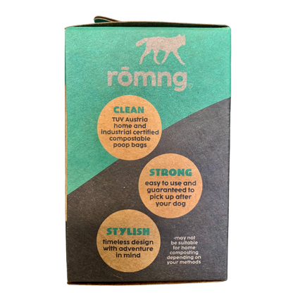 Information sheet for rōmng compostable dog poop bags showing eco-friendly features and materials.