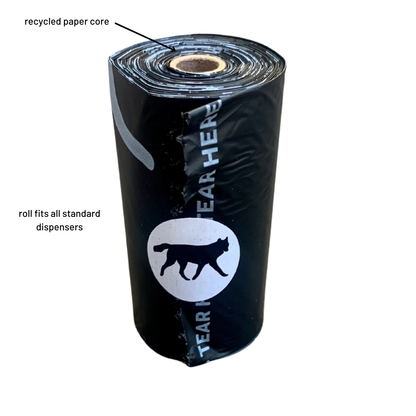 Close-up of rōmng compostable dog poop bag roll showing durable plant-based material.