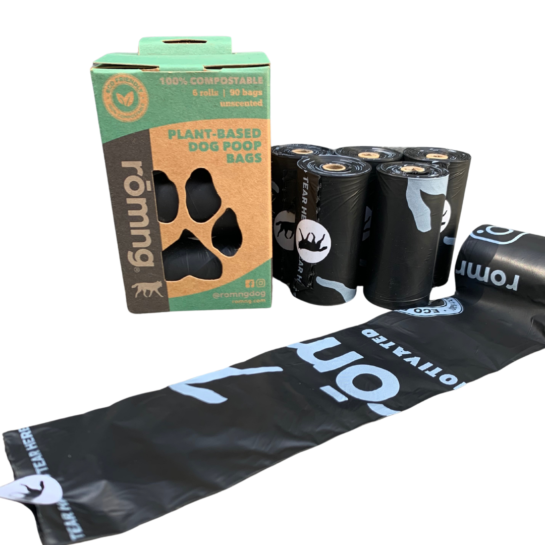 Angled product display of rōmng plant-based compostable dog poop bags with rolls.