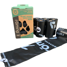 Angled product display of rōmng plant-based compostable dog poop bags with rolls.