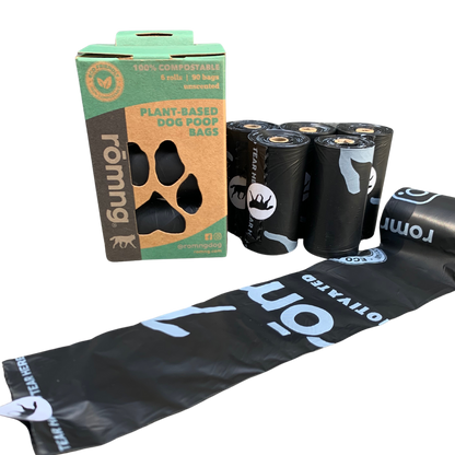 Angled product display of rōmng plant-based compostable dog poop bags with rolls.