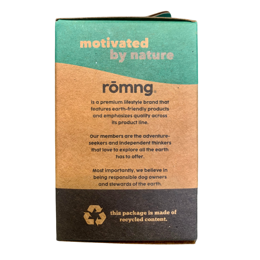 rōmng compostable and biodegradable dog poop bags box with plant-based packaging