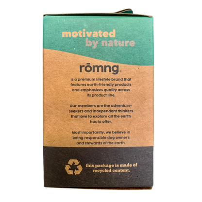 rōmng compostable and biodegradable dog poop bags box with plant-based packaging