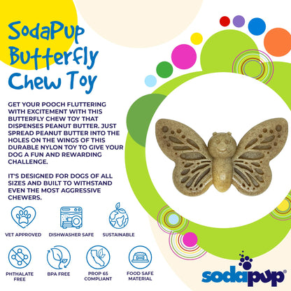 Information card highlighting durability, enrichment use, and non-toxic materials for the SodaPup Butterfly Chew Toy.