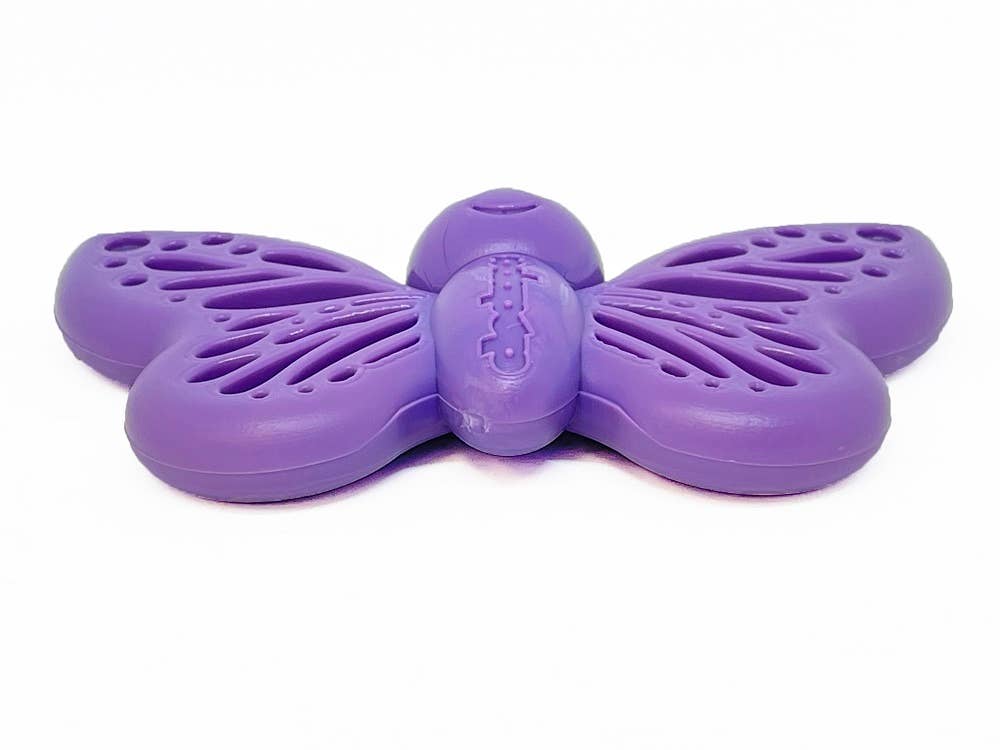 Front and back view of the purple SodaPup Butterfly Chew Toy showing peanut butter fill areas.