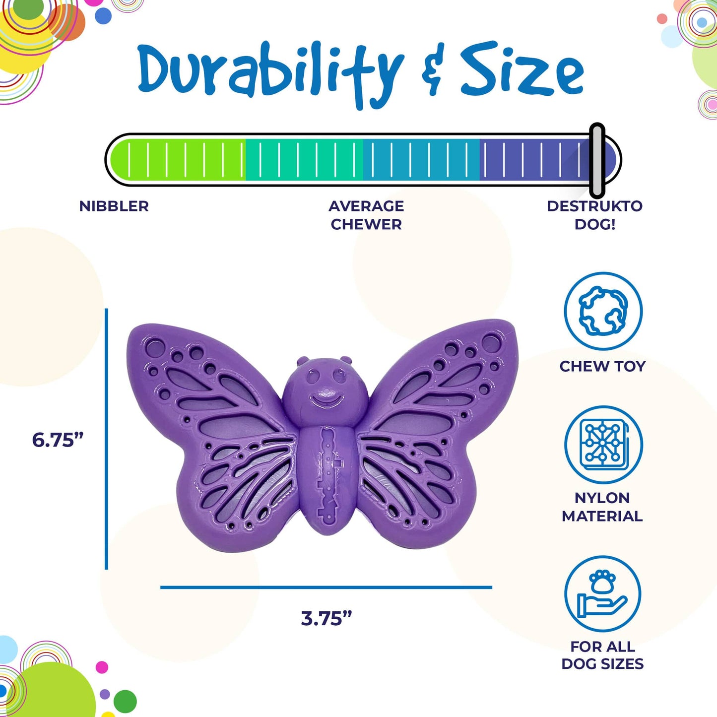 Size and durability chart for the SodaPup Butterfly Chew Toy for medium to heavy chewers.