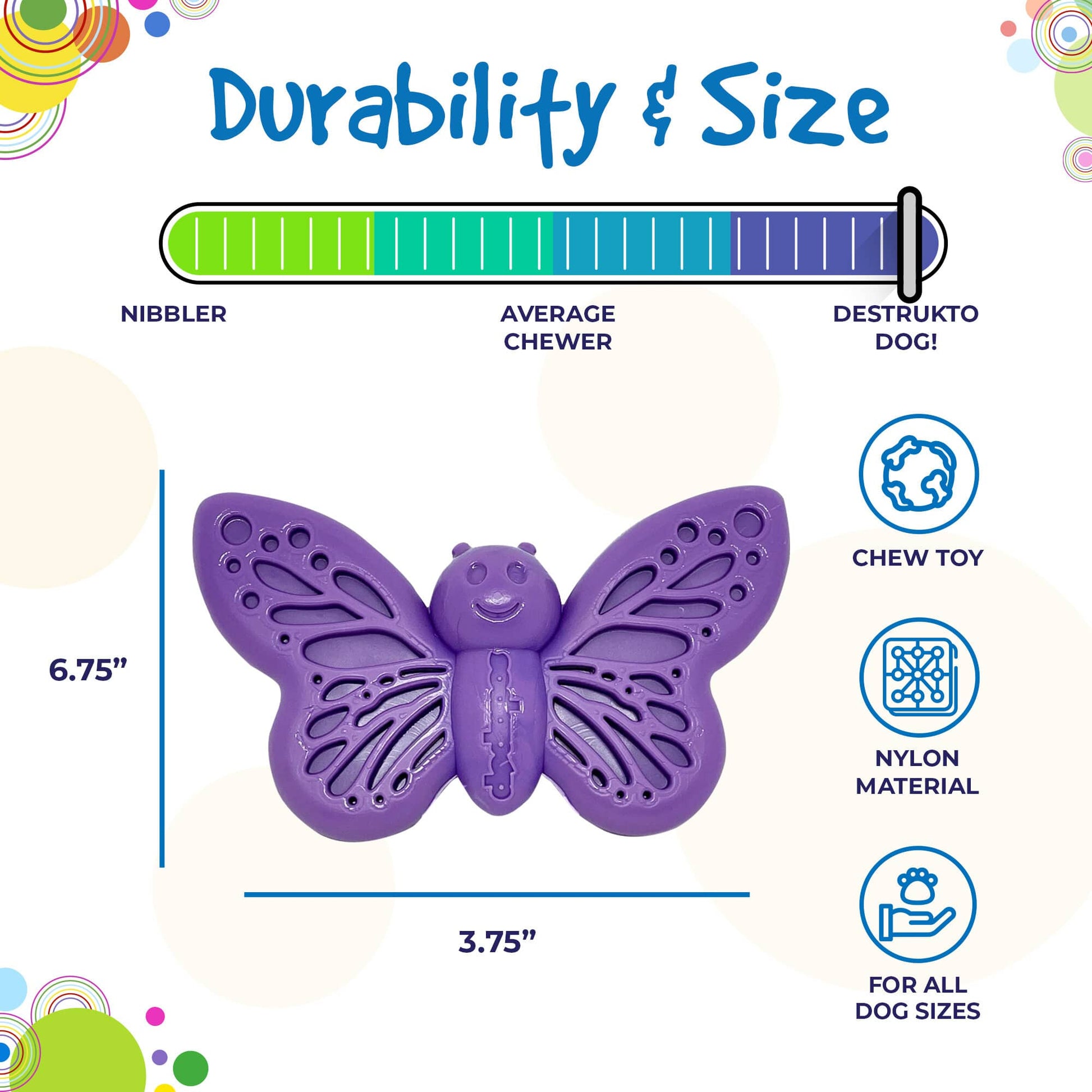 Size and durability chart for the SodaPup Butterfly Chew Toy for medium to heavy chewers.
